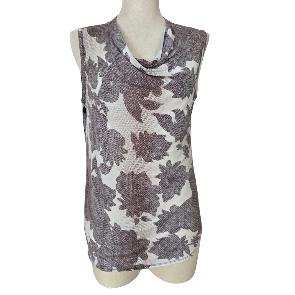 Cabi Drapey Neck Tango Taupe White Muted Floral Print Top Mixed Media Sheer Sz S